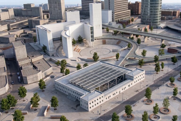 Render aéreo de complexo moderno destacando anfiteatro central e pavilhão com grande cobertura vazada.