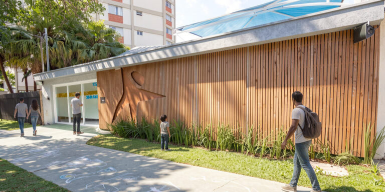 Fachada de escola infantil com revestimento em madeira, área verde e acesso para crianças e famílias.