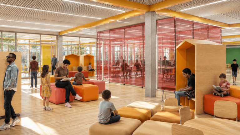 Espaço interno da Escola Creare com áreas de convivência, trabalhos infantis expostos e mobiliário modular em madeira e cores vibrantes.