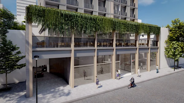 Imagem de uma fachada de escola com projeto arquitetônico feito pelo estúdio Hungaro, Valente.