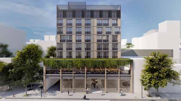 Imagem de uma fachada de escola com projeto arquitetônico feito pelo estúdio Hungaro, Valente.