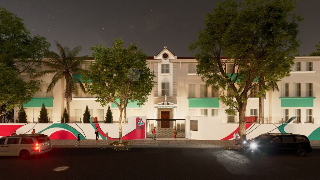 Visão noturna de um projeto de arquitetura de uma escola.